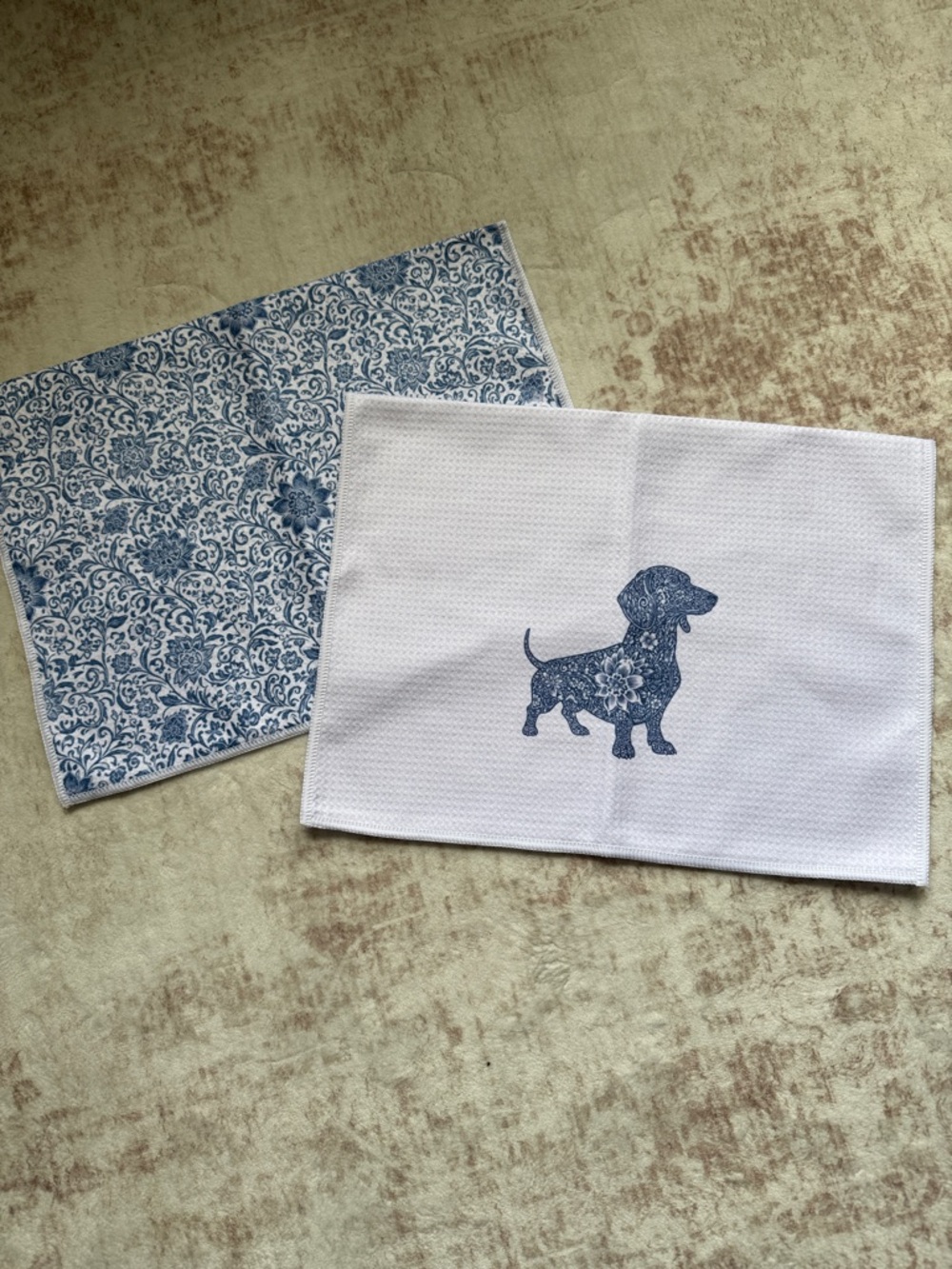 Blue Floral Dachshund Tea Towel Set